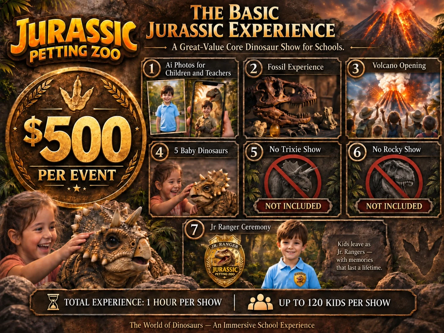 Basic Jurassic Experience for birthday parties: $500 per event